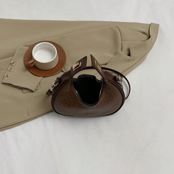 Coffee Brown Vintage Women's Zipper Closure Faux Leather Woven Bag - Picture 7 of 7